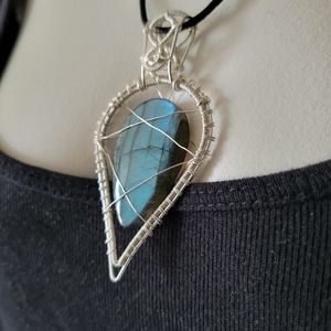 Handmade Silver Wire Wrapped Woven Teardrop Labradorite Crystal Cabochon Pendant